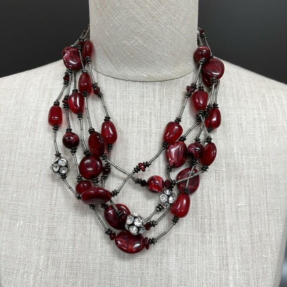 C Red Beaded Rhinestones Women‘s Multi-strands Necklace - Picture 1 of 4